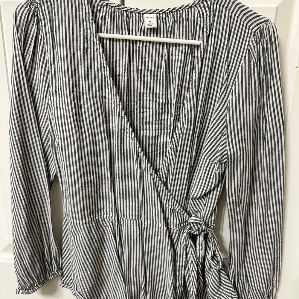 Old Navy Black and White Striped Wrap Blouse - Picture 1 of 2